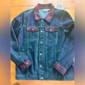Country Store Demin and and Plaid Flannel Trucker Jean Coat Size Medium